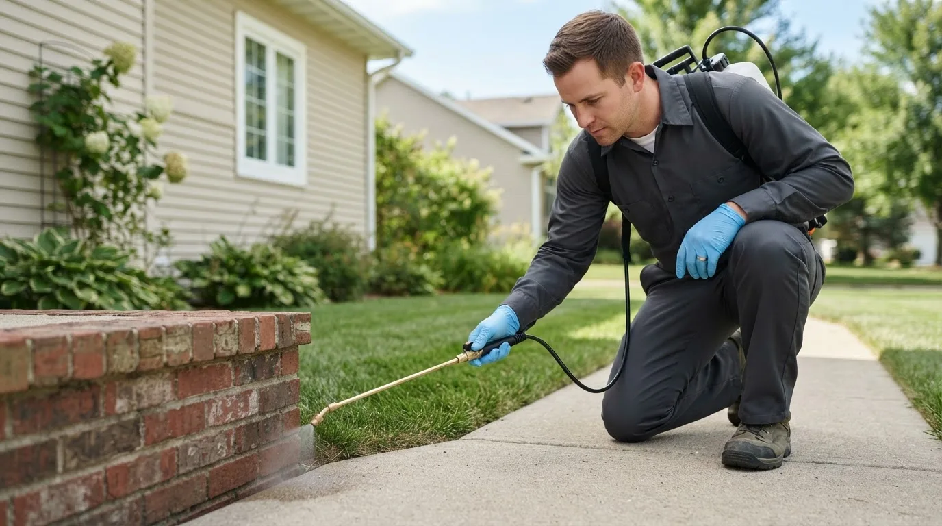 Pest control technician treating a home near Holcomb, MO